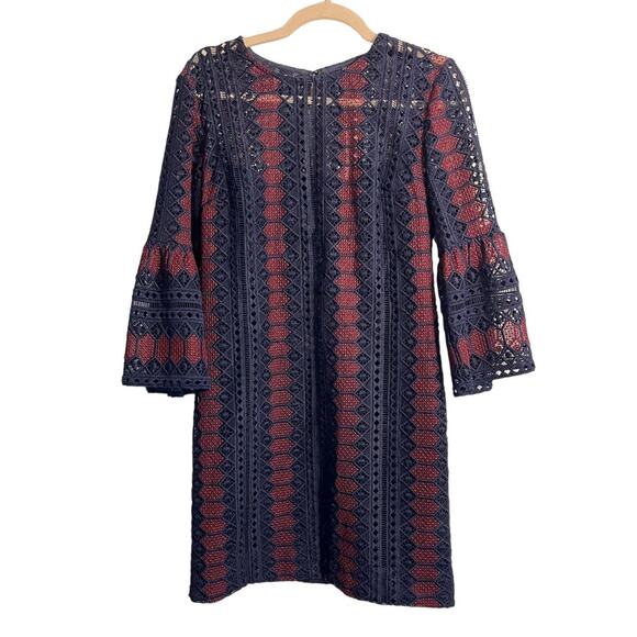 Trina Turk Crochet Lace Shift Dress Size 4 Blue Burgundy Bell Sleeve Boho Fairy - Picture 9 of 9